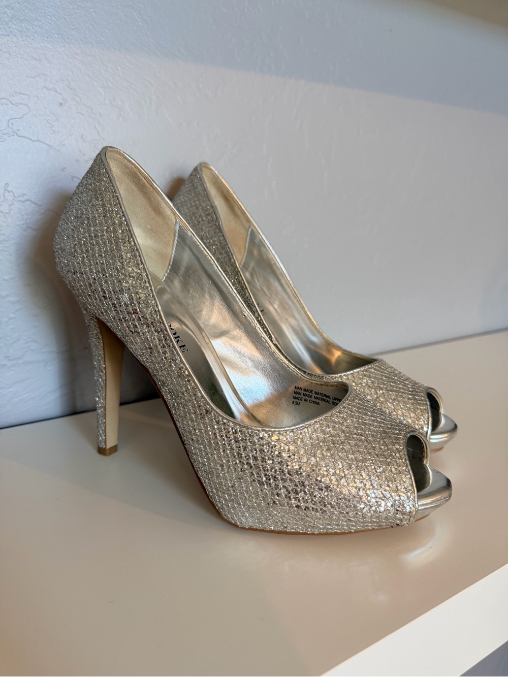 Audrey Brooke Silver Glitter Peep-Toe Heels